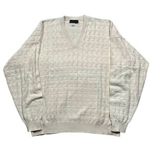 Vintage Andrew Rohan Men's Cream Geometric V Neck Long Sleeve Sweater Size 2XL